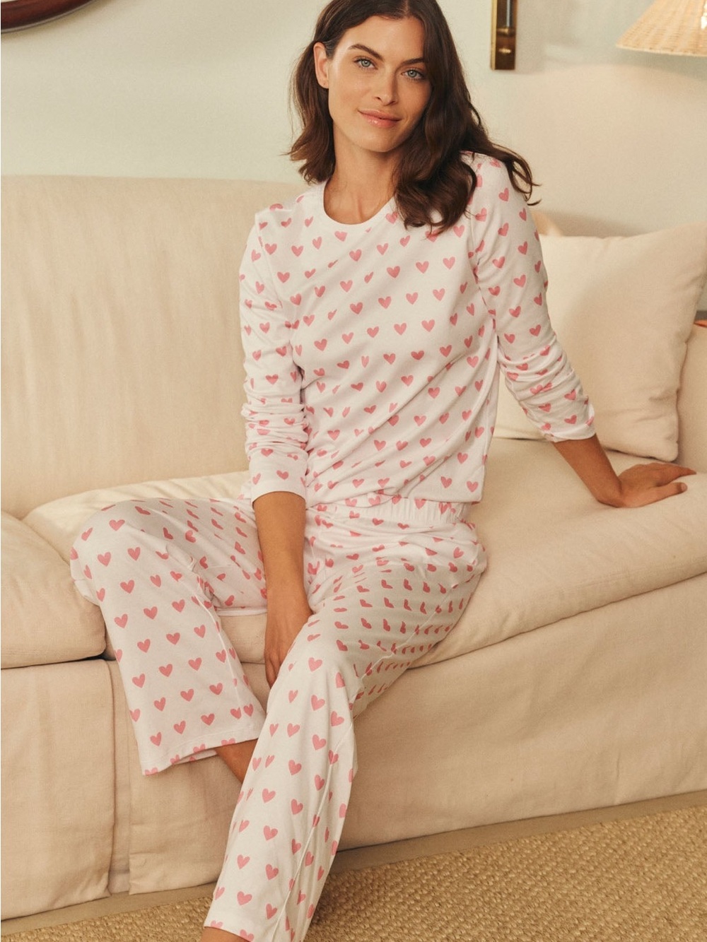 LAKE Pajamas Pink Heart Print Long Sleeve Shorts Pajama Set Size Small